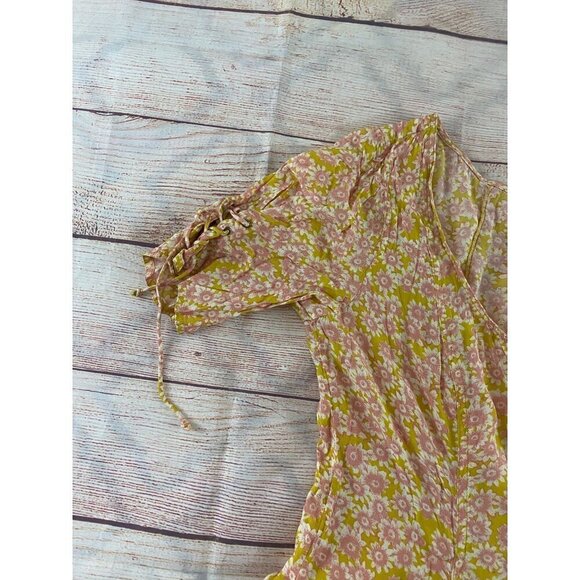 Free People Women's Yellow Floral Lace Up Mini Dress - Medium - Picture 6 of 14